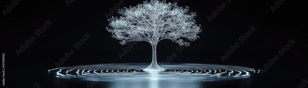 Poster a luminous transparent tree with circular ripples in the water