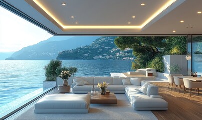 Fototapeta premium Coastal luxury living space with stunning lake views. Open-concept design, showcasing a spacious and modern living area, featuring light colors and high-end finishes. 