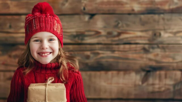 A smiling girl in a red knit hat and sweater holds a wrapped present. A wooden backdrop enhances the warm, festive ambiance of holiday anticipation. She's clearly very happy and excited.
