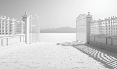 Open white gates lead to a serene, expansive landscape under a bright sky.  Stone paved path and fence create elegant scene