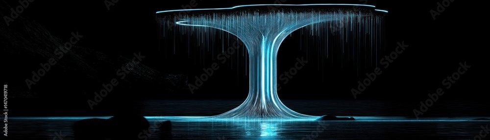Poster a glowing tree like structure reflecting in the water