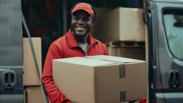 A smiling, dark-skinned individual in a red uniform is carrying a cardboard package near an open delivery van. The van is filled with packages, implying transportation and delivery services.