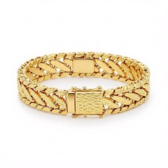 Golden wide chain bracelet on white background.