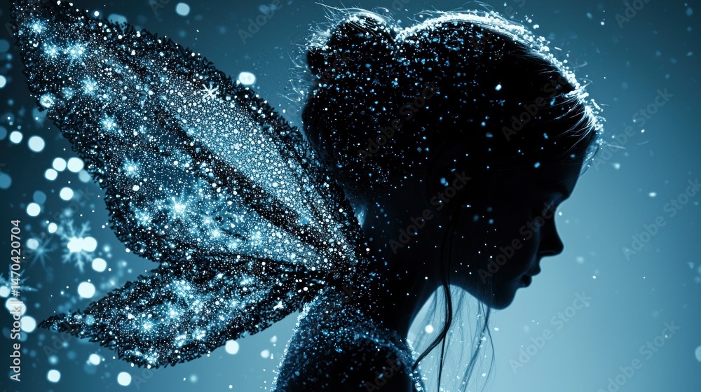 Poster silhouette of a fairy with glowing wings and scattered sparkles