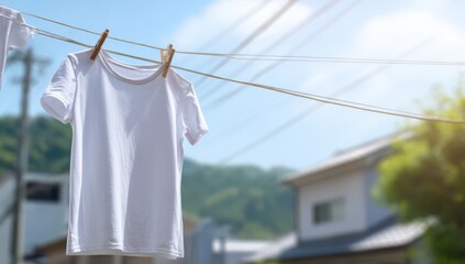 White T-shirts hanging on the clothesline, laundry and house background