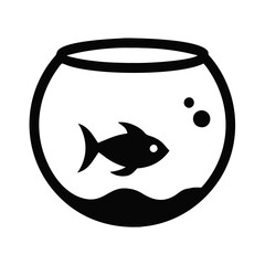 Black and white icon of aquarium with fish, in the form of a round bowl, with simple design, in the water above the fish there are bubbles symbolizing the aquatic environment, for image, aquariums or 