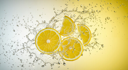 Lemon slices in water splash on yellow background with copy space