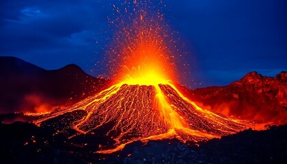 Erupting Volcano Spewing Lava Against Dark Blue Sky with Ash and Flowing Magma