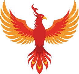 Fototapeta premium Phoenix bird rising with fiery orange and red wings vector illustration symbolizing rebirth and strength 