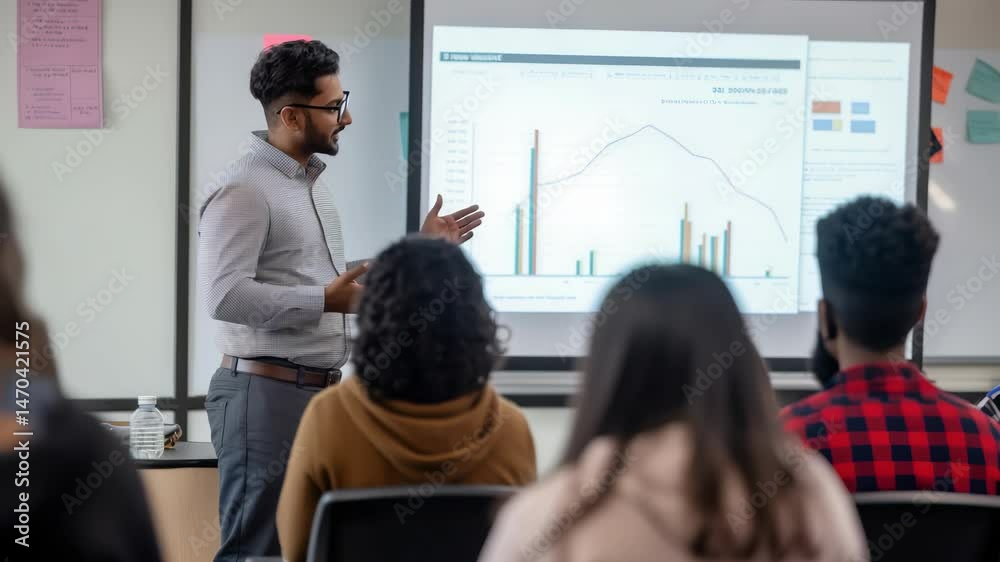 Poster A professor is giving a presentation to his students. The class is reviewing a chart on a projection screen. The professor is gesturing with his hands and explaining the data shown.