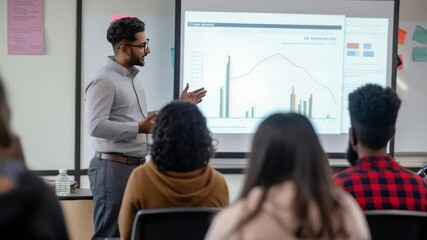 A professor is giving a presentation to his students. The class is reviewing a chart on a projection screen. The professor is gesturing with his hands and explaining the data shown. - Powered by Adobe
