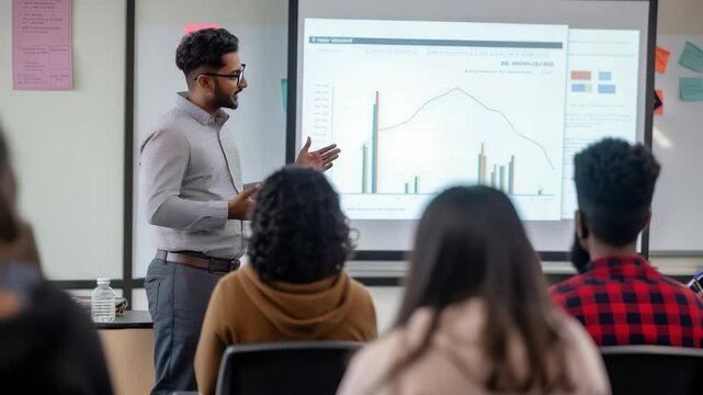 A professor is giving a presentation to his students. The class is reviewing a chart on a projection screen. The professor is gesturing with his hands and explaining the data shown. - Powered by Adobe