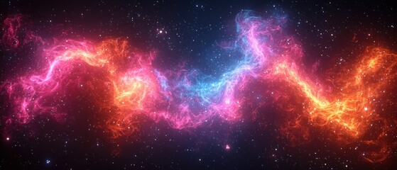 Cosmic nebula, vibrant hues of pink, orange, and blue energy flow across a dark starry backdrop