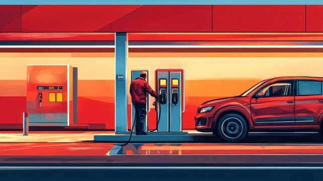 transportation and ownership concept - man pumping gasoline fuel in car at gas station illustration , no logos, no brands
