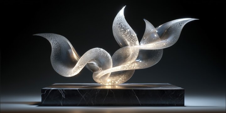 elegant and fluid abstract sculpture made of swirling platinum metal, shaped into flowing curves with light reflections