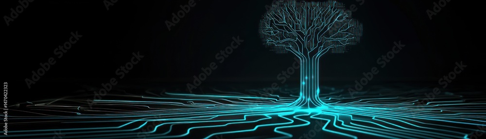 Poster a digital neon tree representing technology and electronic circuits