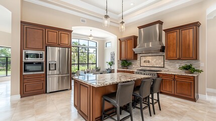 A modern kitchen with sleek wooden furniture and stainless steel appliances, a marble countertop in the center, captured in ultra HD for a realistic feel. 