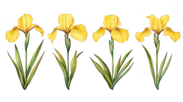 Elegant watercolor illustration of yellow irises with a transparent background