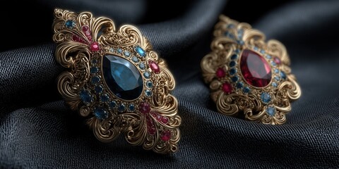 Fototapeta premium luxurious golden jewelry set featuring intricate filigree designs, with vibrant blue and red gems