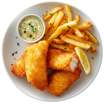 Golden fried fish with crispy fries, served with tartar sauce and lemon on a white plate.