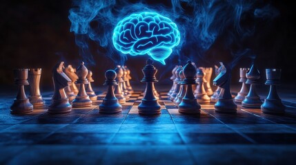Chess pieces aligned on a board with a glowing brain hovering above, symbolizing strategy and intellect