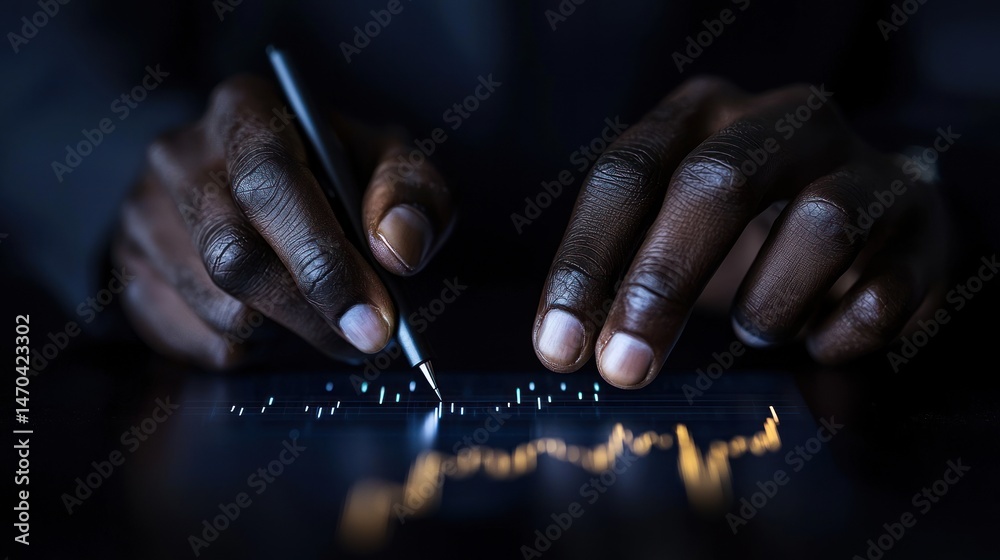 Poster a dark image of hands interacting with financial data