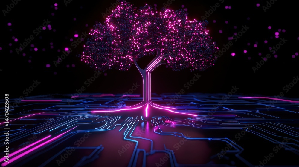 Poster a digital glowing tree growing on circuit board pathways in dark