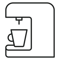 Coffee maker in thin editable outline with a mug, ready to make a hot drink for someone to enjoy.