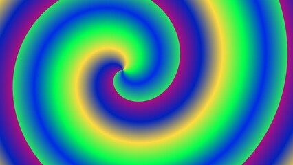 A vibrant, multicolored spiral design featuring a gradient of blues, greens, yellows, and purples