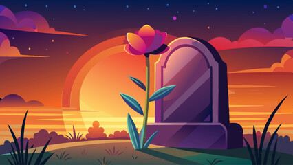 A lovely gravestone featuring a single flower against the backdrop of a vibrant sunset, creating a poignant moment of reflection and honoring memories in a peaceful cemetery.