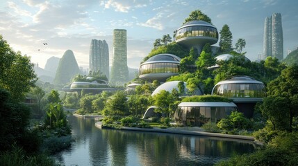 Sustainable futuristic city nestled in lush greenery