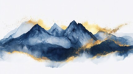 Fototapeta premium Mountain background vector. Minimal landscape art with watercolor brush and golden line art texture. Abstract art wallpaper for prints, Art Decoration, wall arts and canvas prints. illustration , no 
