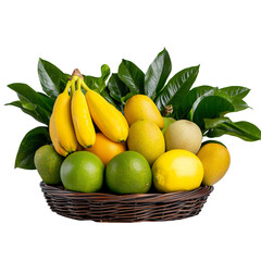Assortment of tropical fruits in a brown wicker basket against a transparent background. Bananas, mangoes, limes, lemons, and other citrus fruits are visible, along with vibrant green leaves.