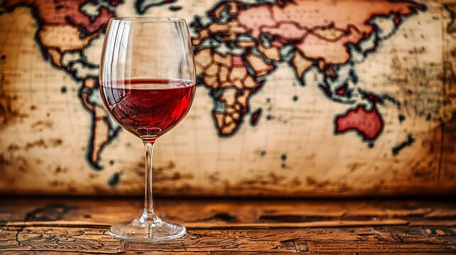 Red wine glass in front of vintage world map
