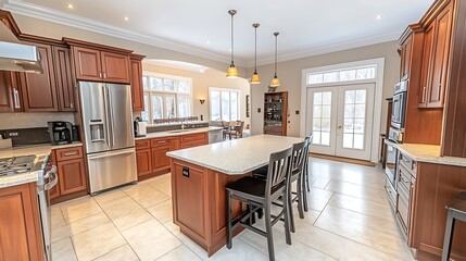 A spacious kitchen with a white and brown counter, wooden accents, and contemporary appliances, captured in ultra HD for a modern look. 