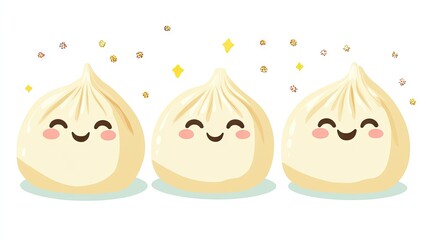 Three happy cartoon dumplings on a light background.