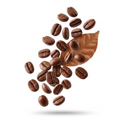 Obraz premium Roasted coffee beans and leaves are shown falling