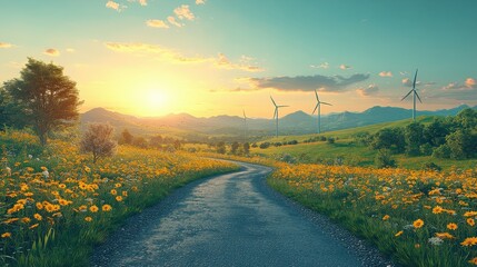 Obraz premium Serene landscape featuring a winding road through a vibrant flower field at sunset with wind turbines
