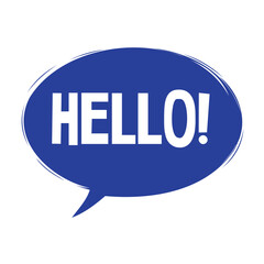 Blue comic speech bubble with the word hello in bold white capital letters on clean white background