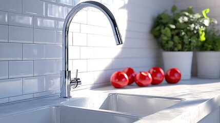 A spotless kitchen counter with white marble surfaces, a sleek faucet, and minimal accessories, captured in ultra HD with realistic clarity. 
