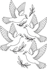 Three Flying Doves with Olive Branches – Christian Peace Symbol Coloring Page