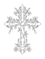 Floral Cross Design Coloring Page &ndash; Christian Line Art with Leaves and Flowers