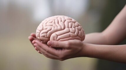 Hands holding a model brain outdoors, symbolizing knowledge and cognitive science.