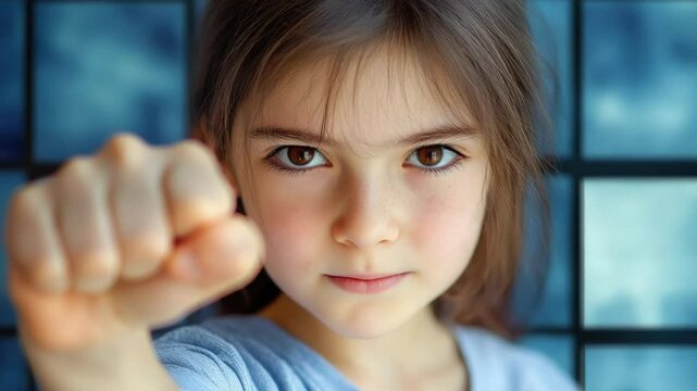 A young girl stands with her fist raised in front of a window, ready to defend it