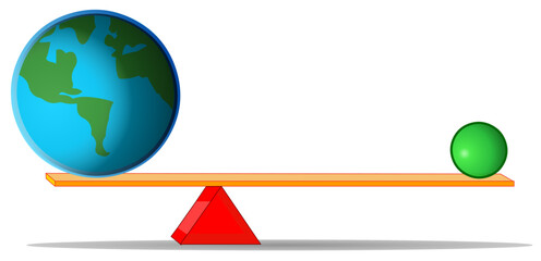 World is on the lever, leverage. Equilibrium. Earth, green sphere. Same distance to fulcrum. Lever balance. Physics question template. Vector illustration