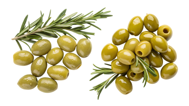 Fresh green olives with rosemary herb isolated on transparent PNG background - Powered by Adobe