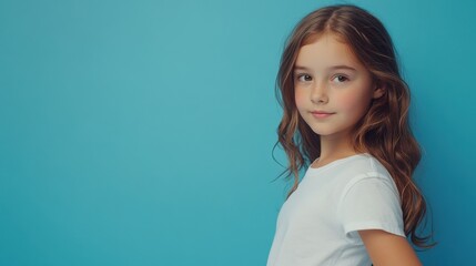 Fototapeta premium Caucasian girl with brunette hair in a white T-shirt on a blue background. Mockup banner template for brand, print and advertising. Studio shooting of a cute little model with copyspace
