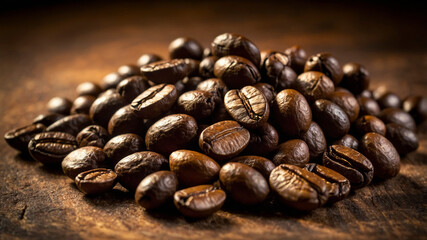Roasted Coffee Beans on Rustic Wooden Background in Warm Lighting
