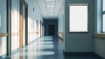 Empty poster frame mockup hanging on wall in university campus corridor, mockup, poster, frame, empty, blank, university