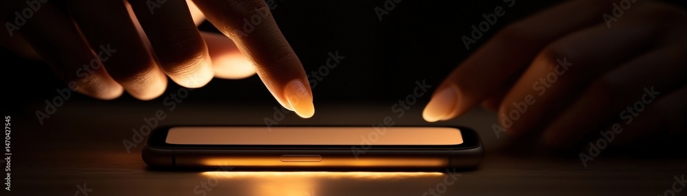 Poster fingers interacting with a glowing smartphone display in the dark